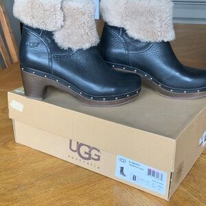 UGG Black Leather Mules with Fur Trim